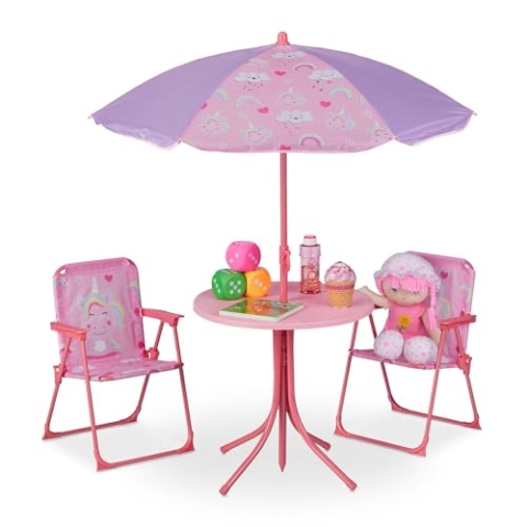 Relaxdays Camping Kindersitzgruppe, Einhorn Motiv, Kindersitzgarnitur mit Schirm, Klappstühlen & Tisch, Garten, pink