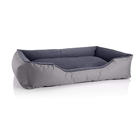 BedDog Hundebett Teddy, Hundesofa aus Cordura und Microfaser-Velours, waschbares Hundebett mit Rand, Hundekissen Vier-eckig, für drinnen, draußen, Größe XXL, grau-grau