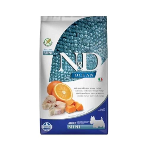 Farmina N&D Ocean Adult Mini Pellets Hundefutter (Trockenfutter, mit hochwertigen Vitaminen und natürliche Antioxidantien, ohne Mais, Zutaten: Kabeljau und Orange, Portionsgröße: 2,5 kg)