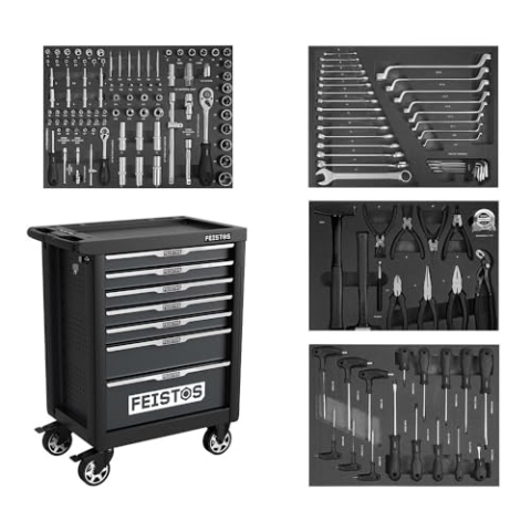 FEISTOS Werkzeugwagen Mento 1 | Werkstattwagen bestückt mit 158 Teilen | Schwarz | 47x77x96 cm | Modular & abschließbar