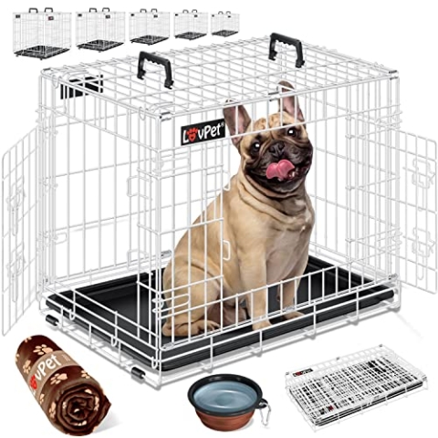 LOVPET® Hundekäfig klappbar Hundetransportkäfig Inkl. Fleecedecke + Napf Hundebox mit 2 Türen Transportkäfig Auto, Tiertransportbox Hundetransportbox mit Bodenschale 63 x 44 x 50,5 cm S Weiß