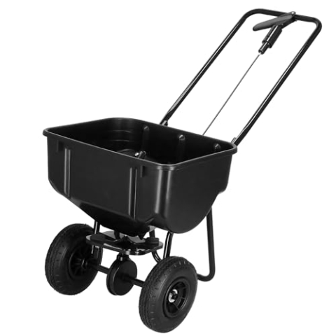 SPRINGOS Streuwagen 25 kg Kapazität Schwarz mit 2 Lufträdern Ø 21 cm Stahl-Kunststoff Behälter 48x37x25 cm für Saatgut Dünger Streusalz Rasen Gehwege Garten