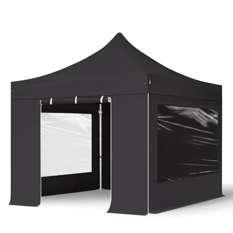 TOOLPORT Faltzelt Professional 3x3 m - mit 4 Seitenteilen (Panoramafenster) Faltpavillon ALU Pavillon Partyzelt schwarz