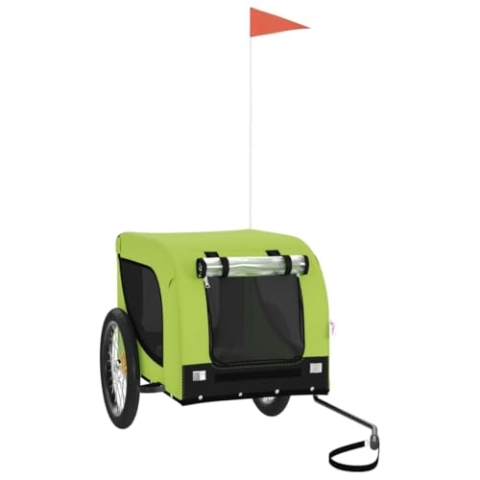 vidaXL Fahrradanhänger für Hunde, Hundeanhänger mit Reflektoren Flagge, Hundetransporter Maximale Belastbarkeit 45kg, Grün Schwarz Oxford-Gewebe Eisen