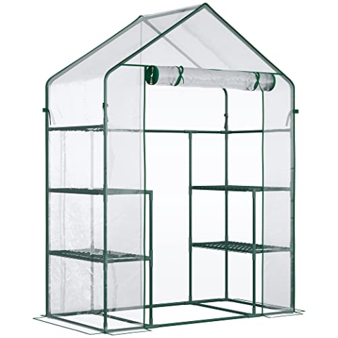 Outsunny Foliengewächshaus begehbares Gartenhäuschen Tomatengewächshaus Treibhaus Frühbeet mit 6 Regalen Transparent Stahl PVC-Kunststoff 142 x 73 x 195 cm