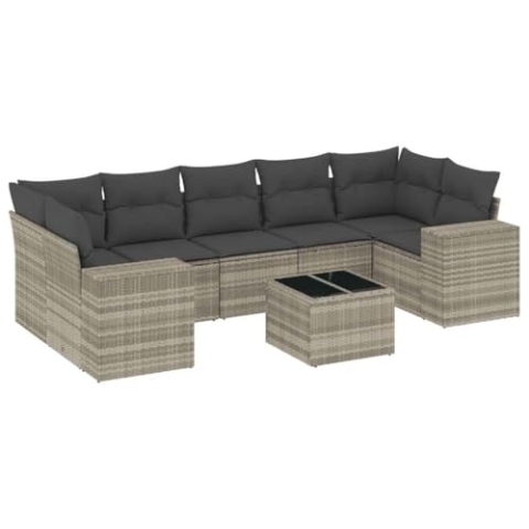 vidaXL Garten Sofa Garnitur 8-TLG., Gartenmöbel Set mit Kissen, Sitzgruppe für Garten Terrasse, Modular Gartensofa Lounge Tisch, Hellgrau Poly Rattan