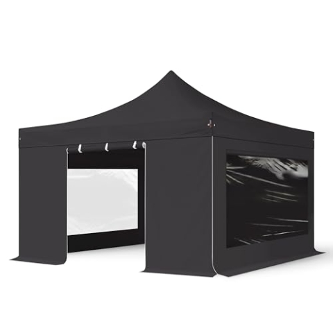 TOOLPORT Faltzelt Professional 4x4 m - mit 4 Seitenteilen (Panoramafenster) Faltpavillon ALU Pavillon Partyzelt schwarz