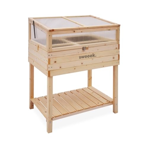 Alice's Garden - Holz Gemüsebeet auf Pfosten mit abnehmbarem Gewächshaus aus Polykarbonat, ERABLE, 2 in 1, mit Regal und Geotextil, 80 x 60 x 109 cm