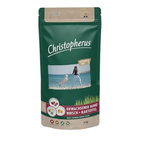 Christopherus Grainfree, Vollnahrung für den ausgewachsenen Hund mit normaler Aktivität, Trockenfutter, Hirsch + Kartoffel, Krokettengröße ca. 1 cm, Ausgewachsener Hund, 12 kg
