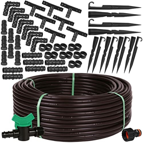 Tropfbewässerungs-Set, Tropfschlauch mit Kompensationsdruck, Tropflinie, Gartenschlauch, hergestellt in der EU (16 mm/2,2 LPH, 100 m + Zubehör, braun)