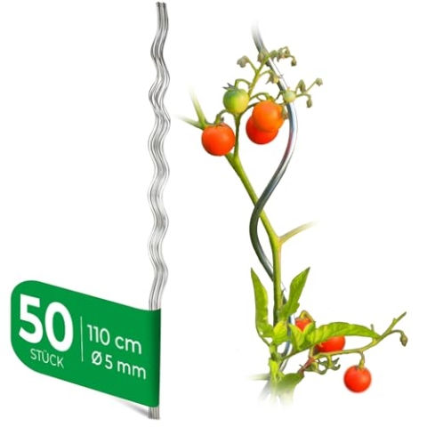 Novatool 50 Stück Tomatenstäbe 110 cm x 5 mm Ø Rankhilfe für Tomaten und Gurken Tomatenturm Rankstäbe Tomatenstangen 110cm Rankhilfen für Kletterpflanzen Pflanzstäbe Tomatenstab Bohnenstangen