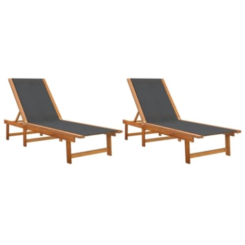 vidaXL Sonnenliegen 2 STK., Sonnenliege mit verstellbare Rückenlehne, Liegestuhl für Pool Garten Terrasse Balkon, Gartenliege, Schwarz Massivholz Akazie Textilene