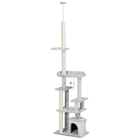 PawHut Kratzbaum, Katzenbaum Deckenhoch, Katzenkratzbaum, 225-255 cm, Kletterbaum mit Spielball, Katzenhöhle, Katzentreppe, Katzenmöbel, Hellgrau