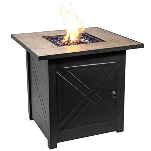 Teamson Home Propangas-Feuerstelle für den Garten, Tischbrenner, Rauchfreie Feuerstelle, Terrassenmöbelheizung mit Deckel, Glasscheibe, Lavasteinen und Abdeckung