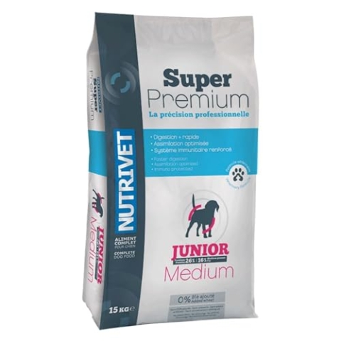 NUTRIVET - Super Premium - Junior Medium - Kroketten ohne Weizen - Welpe mittlerer Größe - Reich an tierischen Proteinen - 15 kg