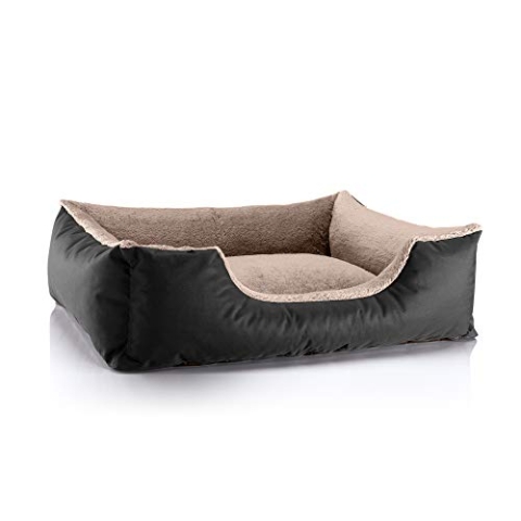 BedDog Hundebett Teddy, Hundesofa aus Cordura und Microfaser-Velours, waschbares Hundebett mit Rand, Hundekissen Vier-eckig, für drinnen, draußen, Größe L, schwarz-beige