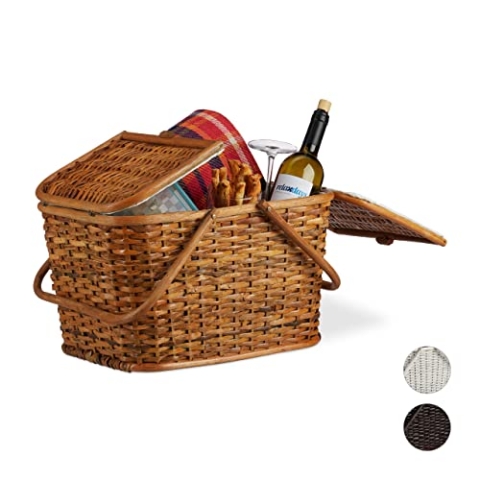 Relaxdays, Honigbraun Picknickkorb mit Deckel, geflochten, Stoffbezug, Henkel, großer Tragekorb, handgefertigt, Rattan, Picknick-Korb, 10024176_533, Picknick-Korb Rattan