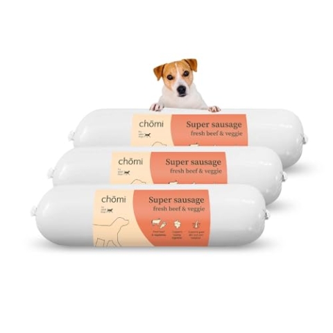 Chōmi Dog Super Sausage Fresh Beef & Veggie 8-er Pack | (200g x 8) Hundefutter | Nassfutter Für Hunde | Rindfleischwurst für Hunde | Adult | Getreide- und konservierungsmittelfrei | Mit Algen | Barf