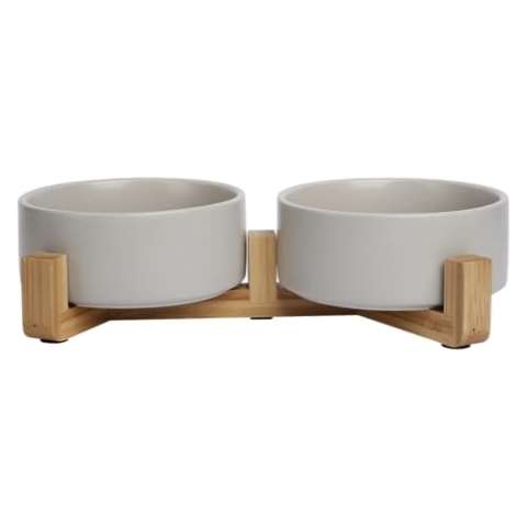 JACK AND VANILLA, Doppelter Keramiknapf mit Rutschfester Bambusauflage, Elegantes Design, ideal für Hunde und Katzen, Fassungsvermögen 2 x 400 ml, grau, Modell Bon Appetit