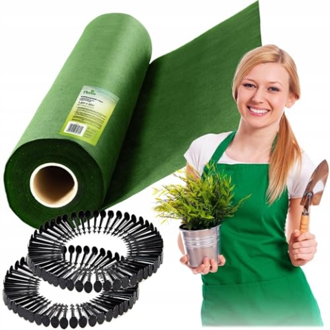 Plonos Unkrautvlies Gartenvlies Wasserdurchlässig UV Stabilisierung 70 g/m2 1,6 x 50 m Mit 100 Erdankern Grün