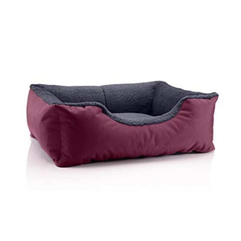 BedDog Hundebett Teddy, Hundesofa aus Cordura und Microfaser-Velours, waschbares Hundebett mit Rand, Hundekissen Vier-eckig, für drinnen, draußen, Größe M, Bordeaux-grau