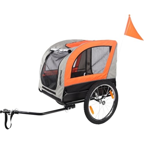 Flamingo Fahrradanhänger Jolene Grau & Orange - 77,5x58x67cm - Mit Kunststoffwanne, breite Räder und 2 verstellbare Federungen - 2 Fahrradkupplungen und Befestigungssystem mit Sicherheitsverriegelung