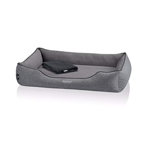 BedDog Premium Orthopädisches Hundebett Clara, Hundekissen mit abnehmbaren Bezug, Kuschel-Decke als Zugabe - Rock (grau)