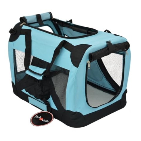 JACK AND VANILLA, Faltbare Hundehütte, langlebige Materialien, ideale Maße 49 x 34 x 34 cm, leicht zu reinigen, attraktive türkise Farbe, perfekt für Reisen und Ausflüge, Reisemodell
