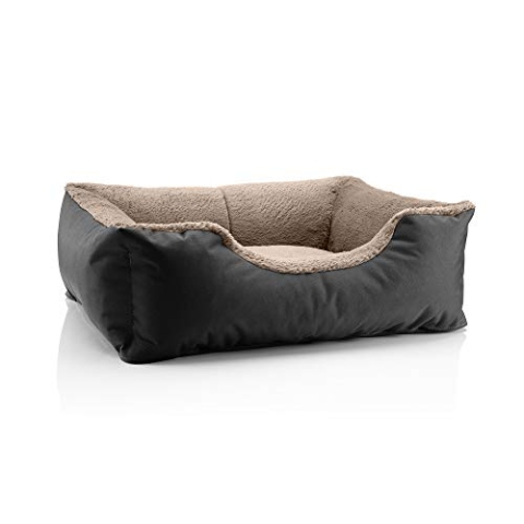 BedDog Hundebett Teddy, Hundesofa aus Cordura und Microfaser-Velours, waschbares Hundebett mit Rand, Hundekissen Vier-eckig, für drinnen, draußen, Größe M, schwarz-beige