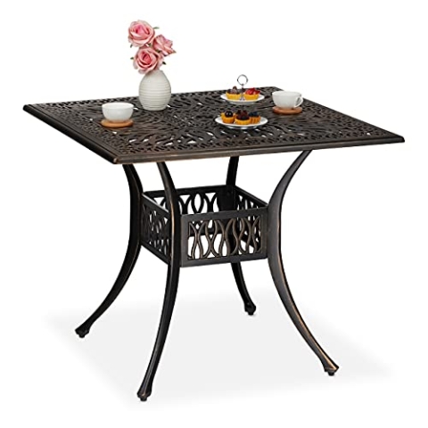 Relaxdays Gartentisch mit Schirmloch, antike Optik, Aluminiumguss, 75 x 90 x 90 cm, eckiger Balkontisch, schwarz/Bronze