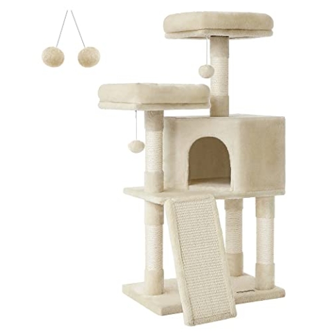 FEANDREA Kratzbaum klein, Katzenbaum mit Kratzbrett, Plattformen, für Katze, weicher Plüsch, 115 cm, vollständig mit Sisal umwickelte Säule, beige PCT141M01