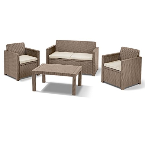 Allibert Lounge Set in Rattanoptik, Merano Set, Cappuccino / Sand, 124 x 80 x 59 cm, bequeme Lounge Balkonmöbel