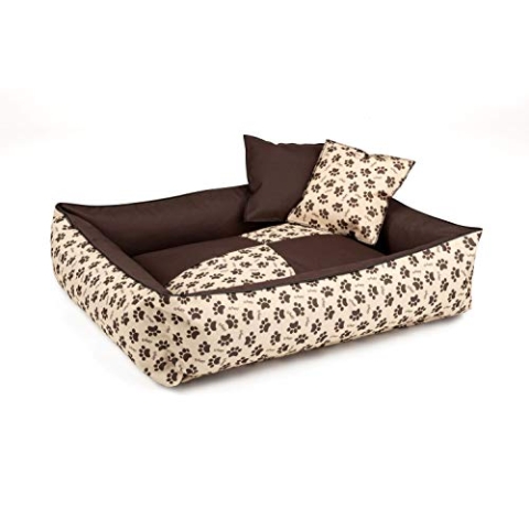 BedDog 2in1 Hundebett MAX Quattro, großes Hundekörbchen aus Cordura, waschbares Hundebett mit Rand, Hundesofa für drinnen, draußen, L, NAMIBSAND-Dog, beige-braun mit Pfoten