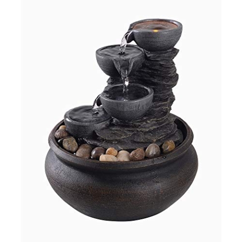 Teamson Home Tisch-Wasserspiel für den Innenbereich, 4-stufig, klein, Mini-Wasserbrunnen-Dekoration, modernes Wasserfall-Ornament mit Lichtern und Pumpe, grau
