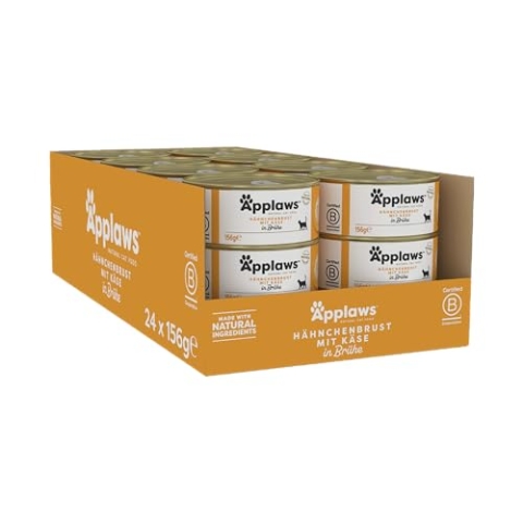 Applaws 100% natürliches Premium-Nassfutter für Katzen, Hühnerbrust mit Käse in Brühe - Packung mit 24 x 156g Dosen