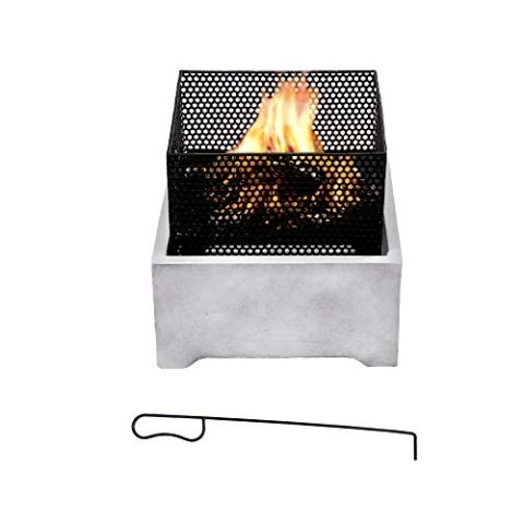 Teamson Home Garten Kleine 38 cm Quadratische Feuerstelle aus Holz, Gartenmöbel, Kaminofen, Feuerstellenheizung, Holzbrenner aus Metall mit Schürhaken, grau/schwarz