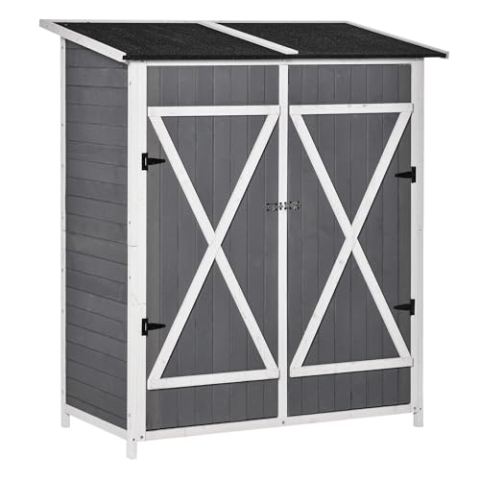 Outsunny Gartenschrank Geräteschuppen mit 2 Tür Geräteschrank mit Asphaltdach Gartenlagerschrank Antidumping Design mit Bodennägel Tannenholz Grau+Weiß 139 x 75 x 160 cm