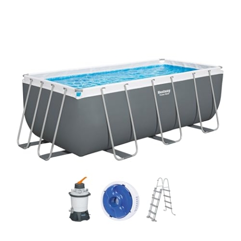 Bestway Power Steel Frame Pool Set mit Sandfilteranlage 412 x 201 x 122 cm, grau, eckig