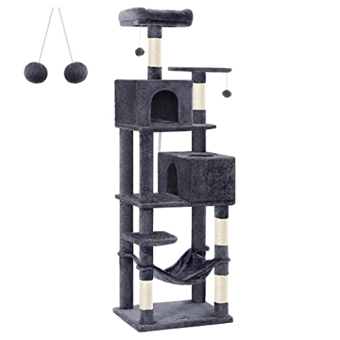 Feandrea Kratzbaum, 191 cm hoch, Katzenbaum mit 5 Kratzsäulen, 2 Plattformen, 2 Katzenhöhlen, Hängematte, 2 Plüschbälle, Plüsch, mehrstöckiges Design, rauchgrau PCT191G01