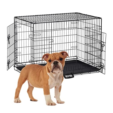 Relaxdays Hundekäfig, zuhause & Auto, HBT: 67 x 91 x 60 cm, Faltbare Hundebox mit Boden, 2 Türen, Griff, Stahl, schwarz