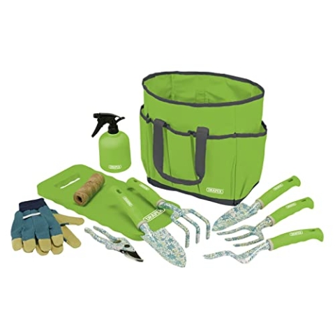 Draper 08999 Gartenwerkzeug-Set mit Blumenmuster (11-teilig), robuste Aluminium-Gartengeräte, Tasche und Handschuhe