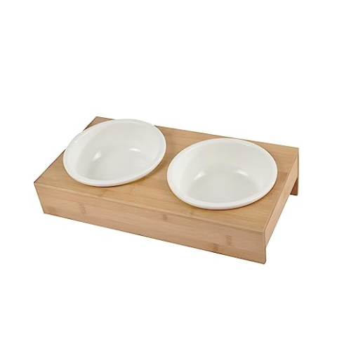 Doppelter Futternapf, Keramik, mit Halterung, Bambus, Natur, D16 cm, 37 x 19,5 cm, Weiß