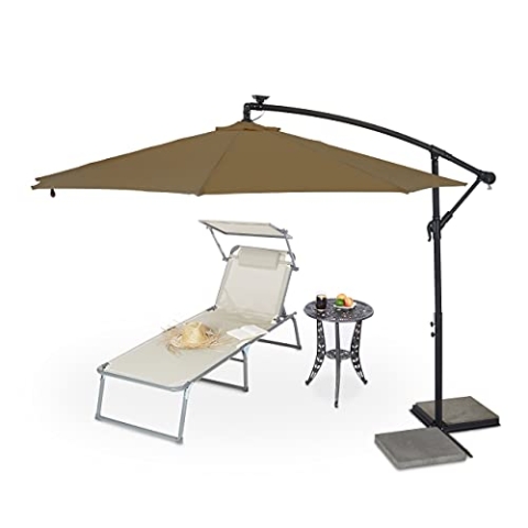 Relaxdays Ampelschirm mit Kurbel, ∅ 300 cm, LED Beleuchtung, Schutzhülle, neigbar, XXL Sonnenschirm mit Ständer, braun