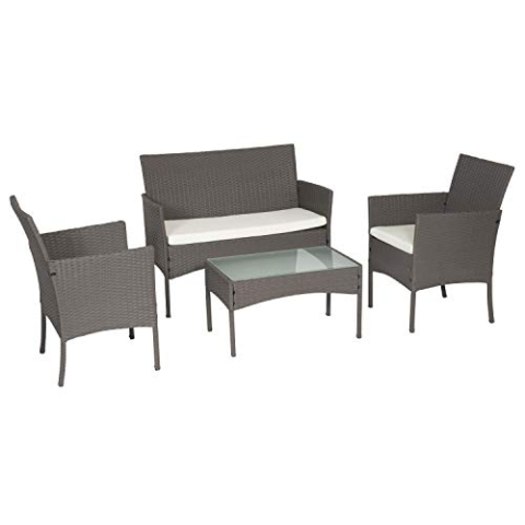 Happy Garden - Gartenmöbel-Set aus Polyrattan, Grau und elfenbeinfarbene Kissen, Set Tisch und Stuhl für 4 Personen.