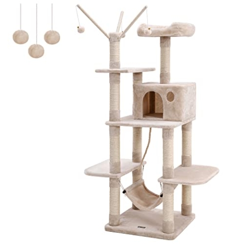 Feandrea XXL Kletterbaum, Stabiler Kratzbaum mit Hängematte, Höhle, Spielsisal, 154 cm, Rauchgrau Beige Hellgrau PCT86M