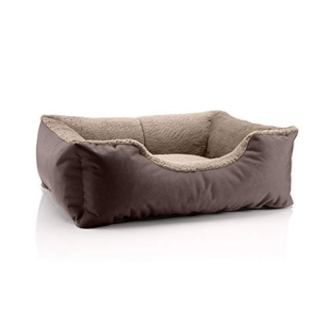 BedDog Hundebett Teddy, Hundesofa aus Cordura und Microfaser-Velours, waschbares Hundebett mit Rand, Hundekissen Vier-eckig, für drinnen, draußen, Größe M, braun-beige