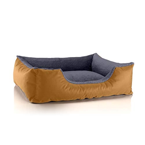 BedDog Hundebett Teddy, Hundesofa aus Cordura und Microfaser-Velours, waschbares Hundebett mit Rand, Hundekissen Vier-eckig, für drinnen, draußen, Größe L, Gold-grau