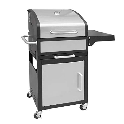 GrillChef by LANDMANN Holzkohle-Grillwagen, Grillwagen mit doppelwandigem Deckel inkl. Thermometer, emaillierter Gussgrillrost und Warmhalterost, Silber/Schwarz