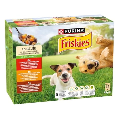 Purina Friskies Nassfutter für Hunde, Gelee, mit Huhn, Lamm und Ochse, 6 Packungen mit 12 Beuteln à 85 g