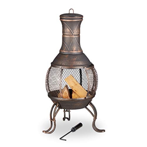 Relaxdays, Bronze Aztekenofen, Schürhaken, Holzrost, Funkenschutzgitter, Garten, Terrasse, antiker Feuerofen, Höhe 89 cm, Stahl, Guss, 10026554, Aztekenofen Antik mit Schürhaken